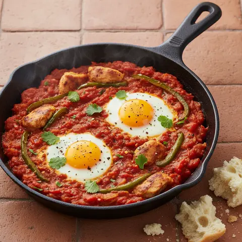Shakshuka au poulet, tomates et poivrons verts