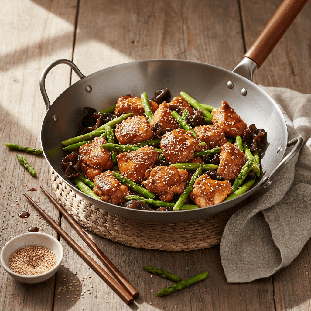 Hähnchenpfanne mit Spargel und Sesam