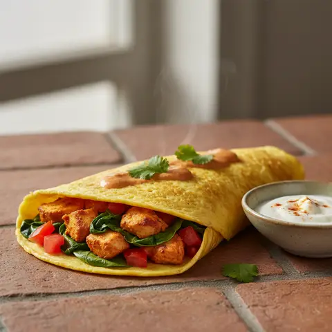Omelette-wrap au poulet tikka et épinards