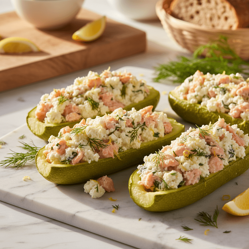 Courgettes farcies au saumon et ricotta citronnée