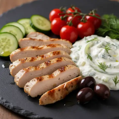 Émincé de dinde froid à la grecque et tzatzíki