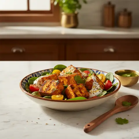 Bowl indien de paneer tikka sur lit d'épinards