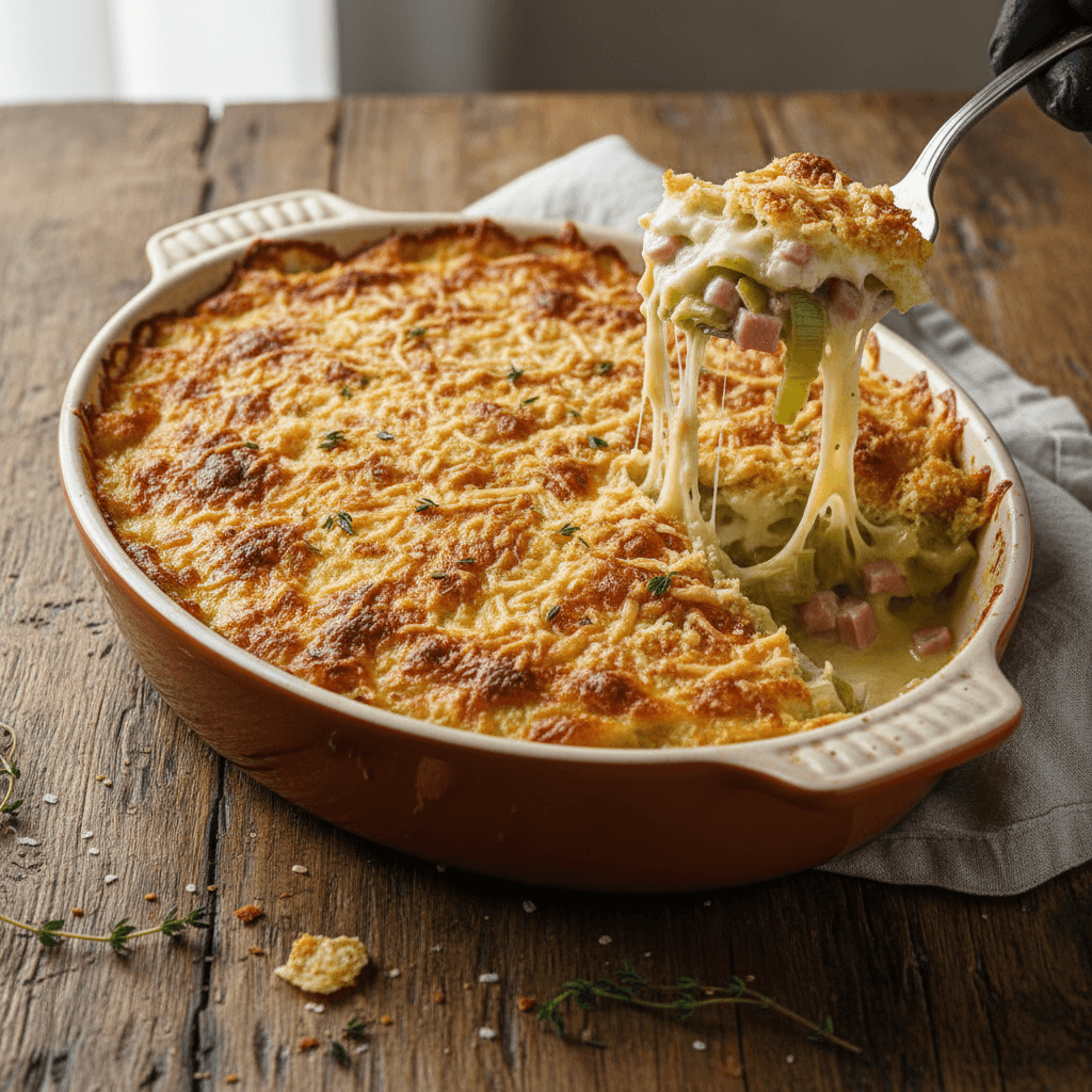 Gratin de poireaux au jambon et fromage