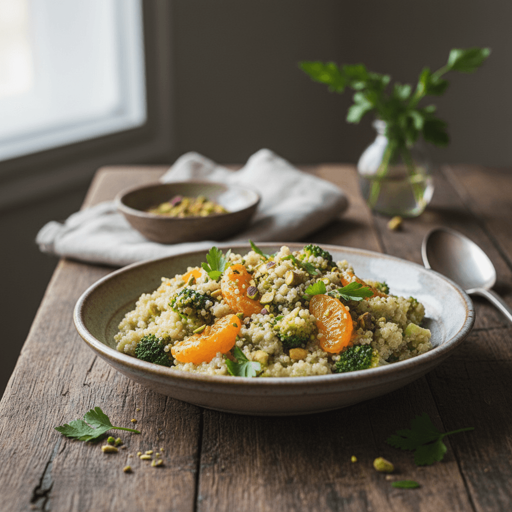 Quinoa risotto with broccoli and tangerines