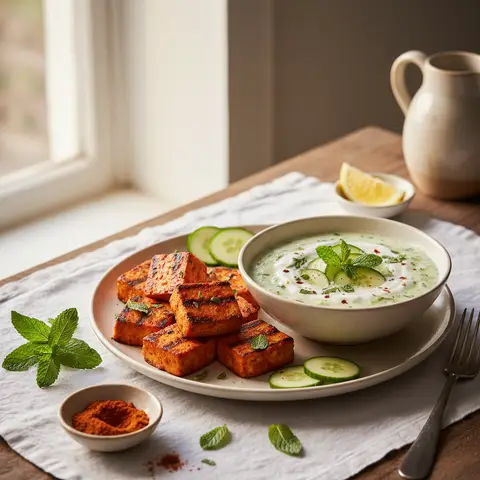Halloumi grillé tandoori et raita de concombre
