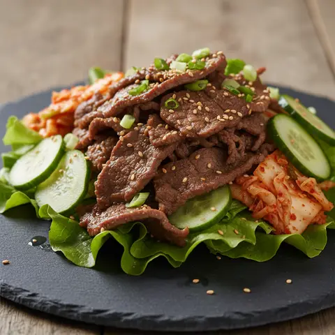 Salade coréenne de bœuf bulgogi sur laitue