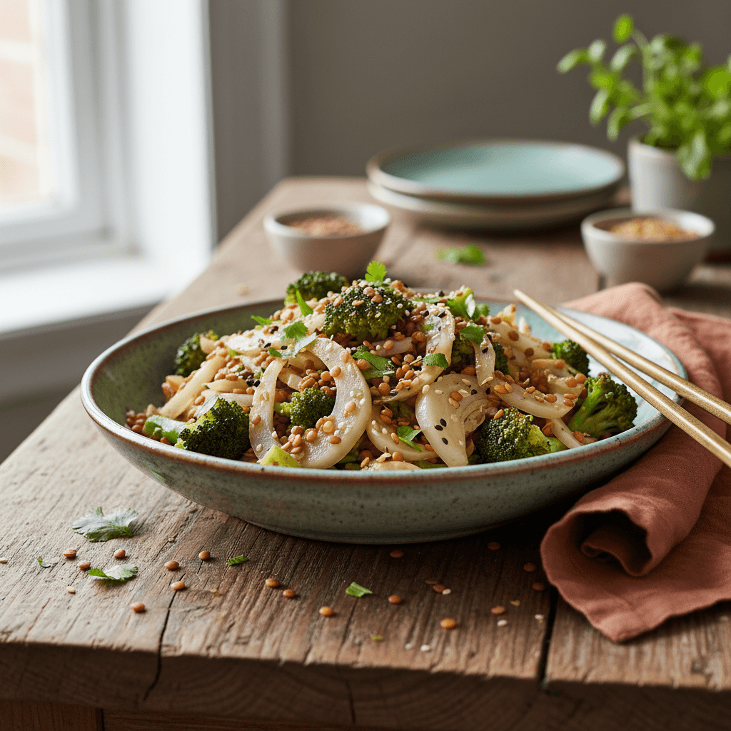 Asian Stir-Fry with Broccoli, Fennel, and Lentils