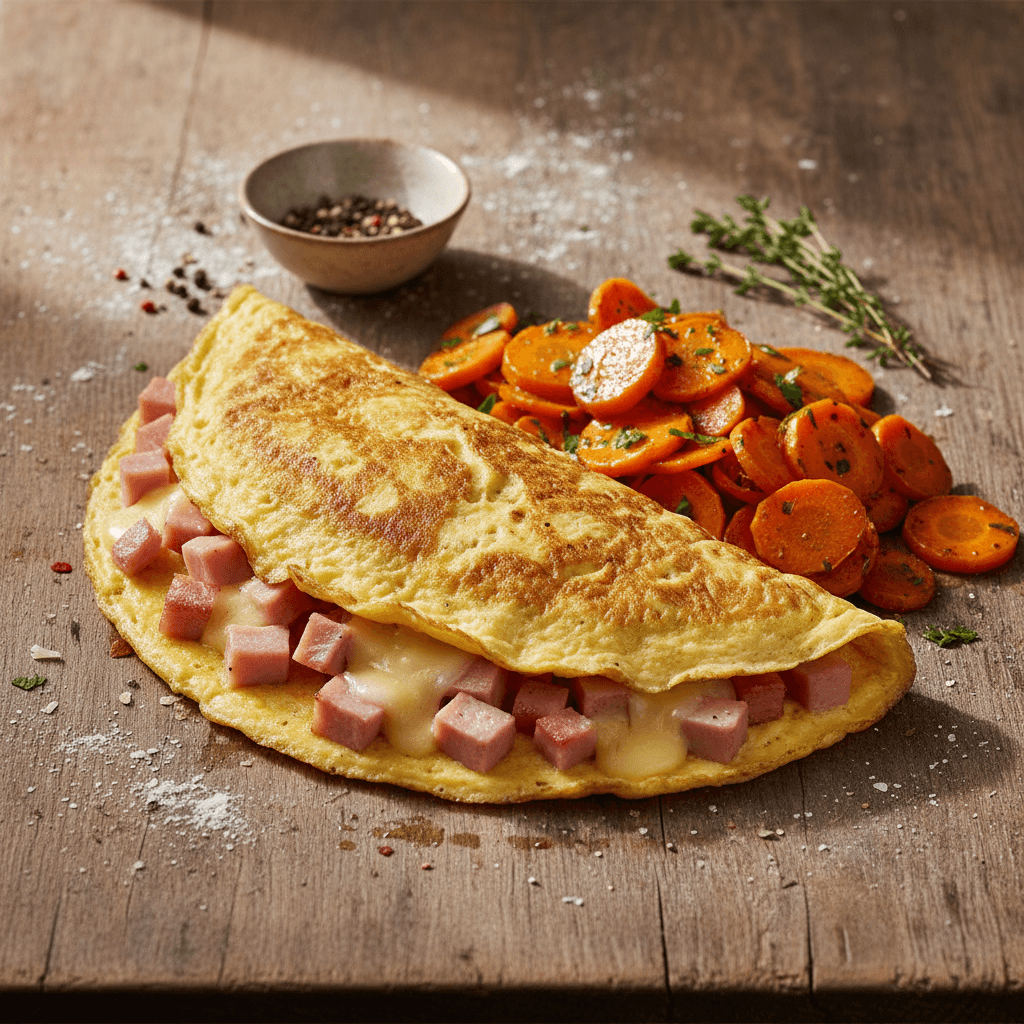 Omelette jambon-gruyère et carottes sautées
