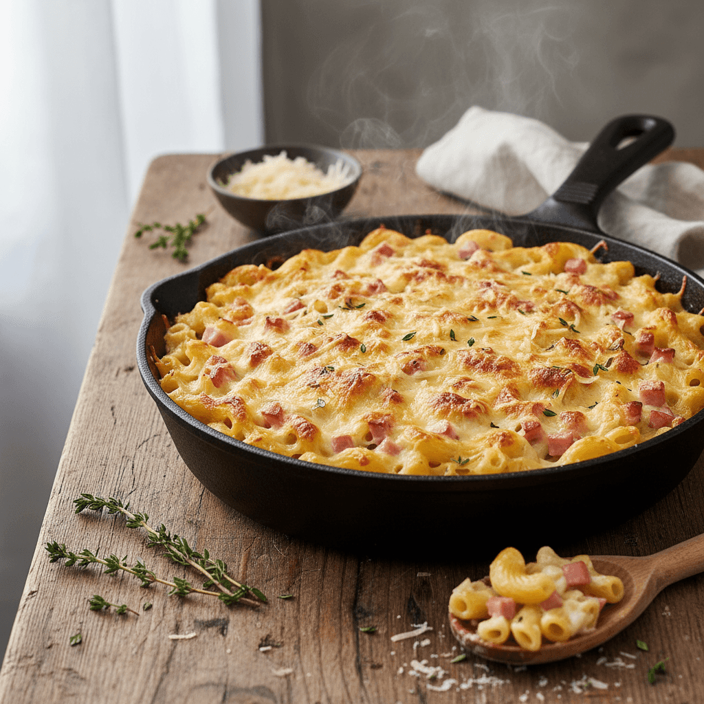 Überbackene Muschelnudeln mit Schinken und Käse