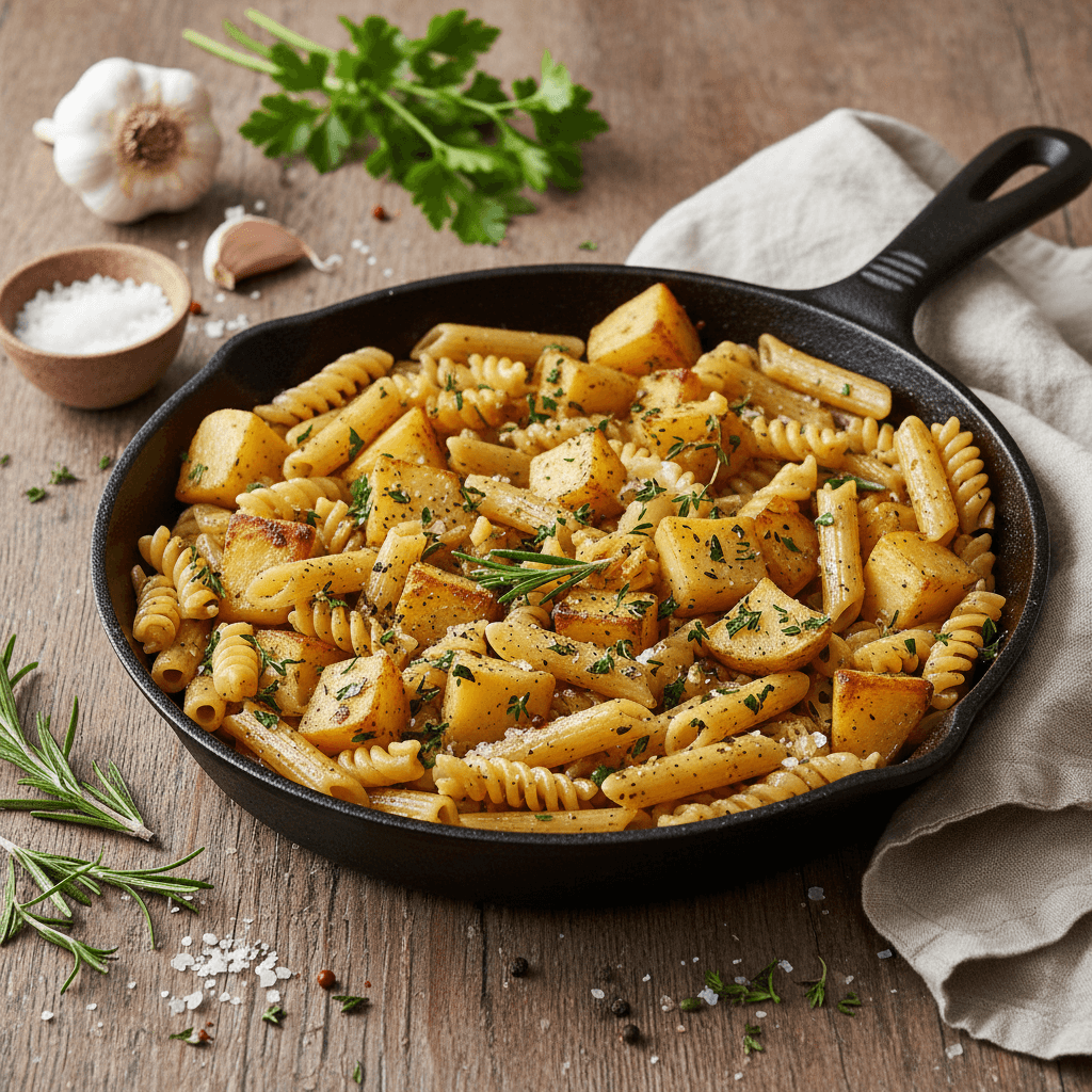 Gebratene Pasta mit Kartoffeln und Kräutern