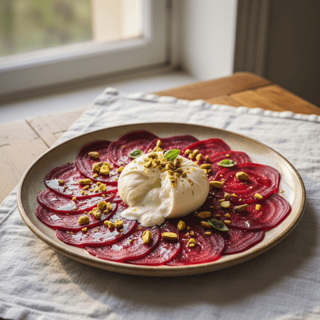 Carpaccio de betterave à la burrata et pistaches
