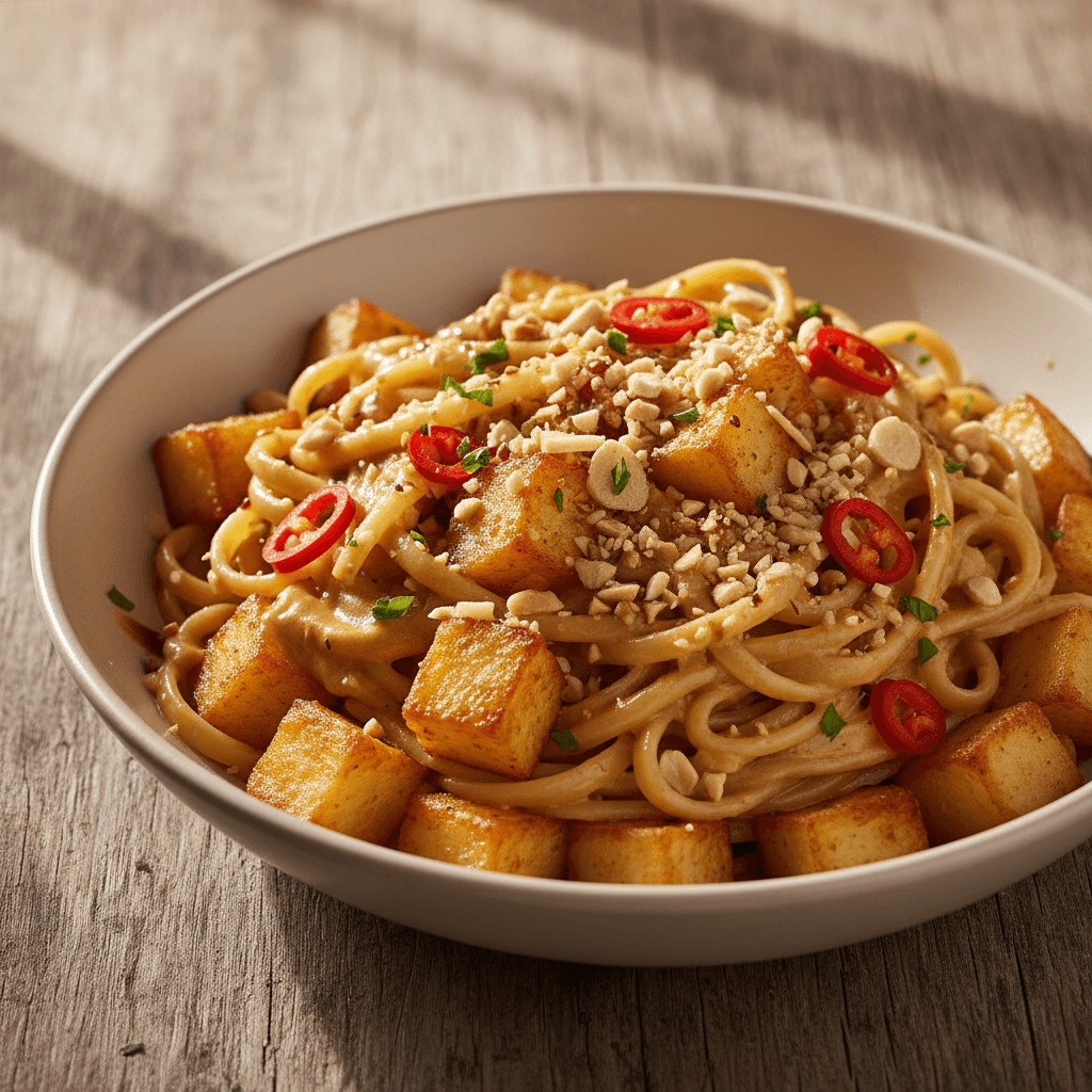 Asian Pasta with Crispy Potatoes and Peanut-Orange Sauce