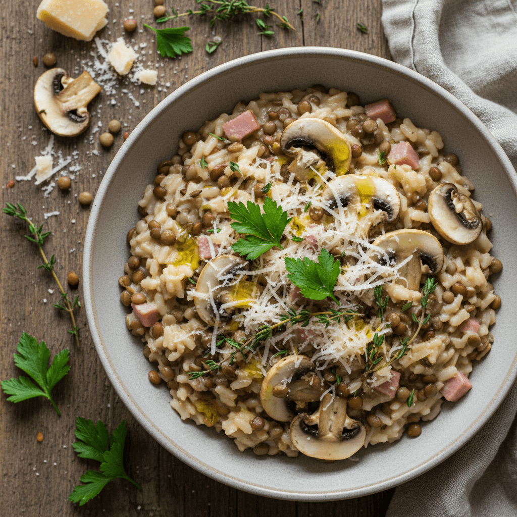 Risotto mit Linsen, Schinken und Pilzen