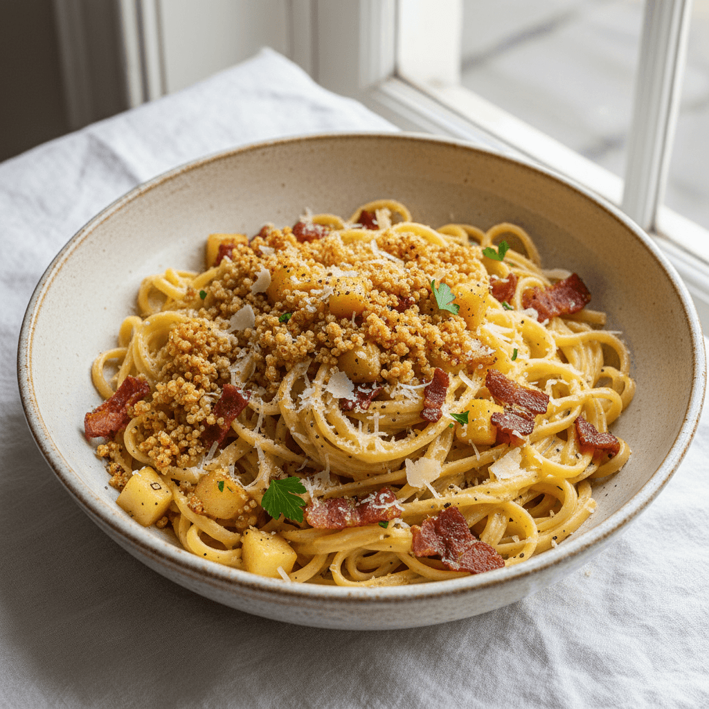 Pâtes Carbonara Pomme-Quinoa Croustillante