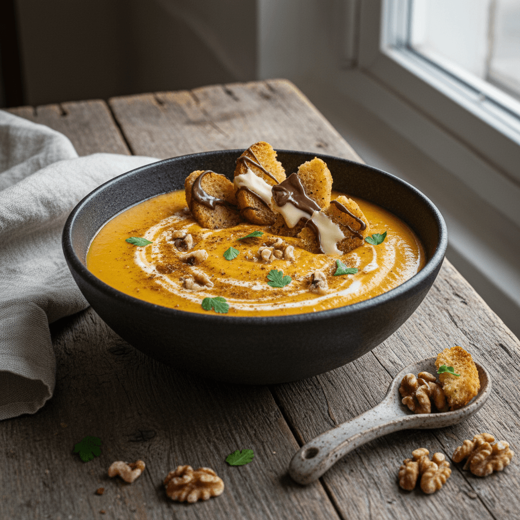 Carrot Soup with Walnuts and Curry with Chocolate Croutons