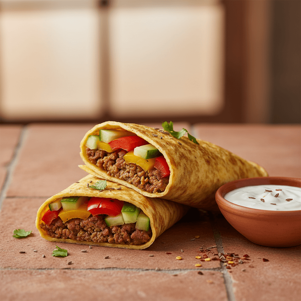 Wrap d'omelette à l'agneau épicé et poivrons