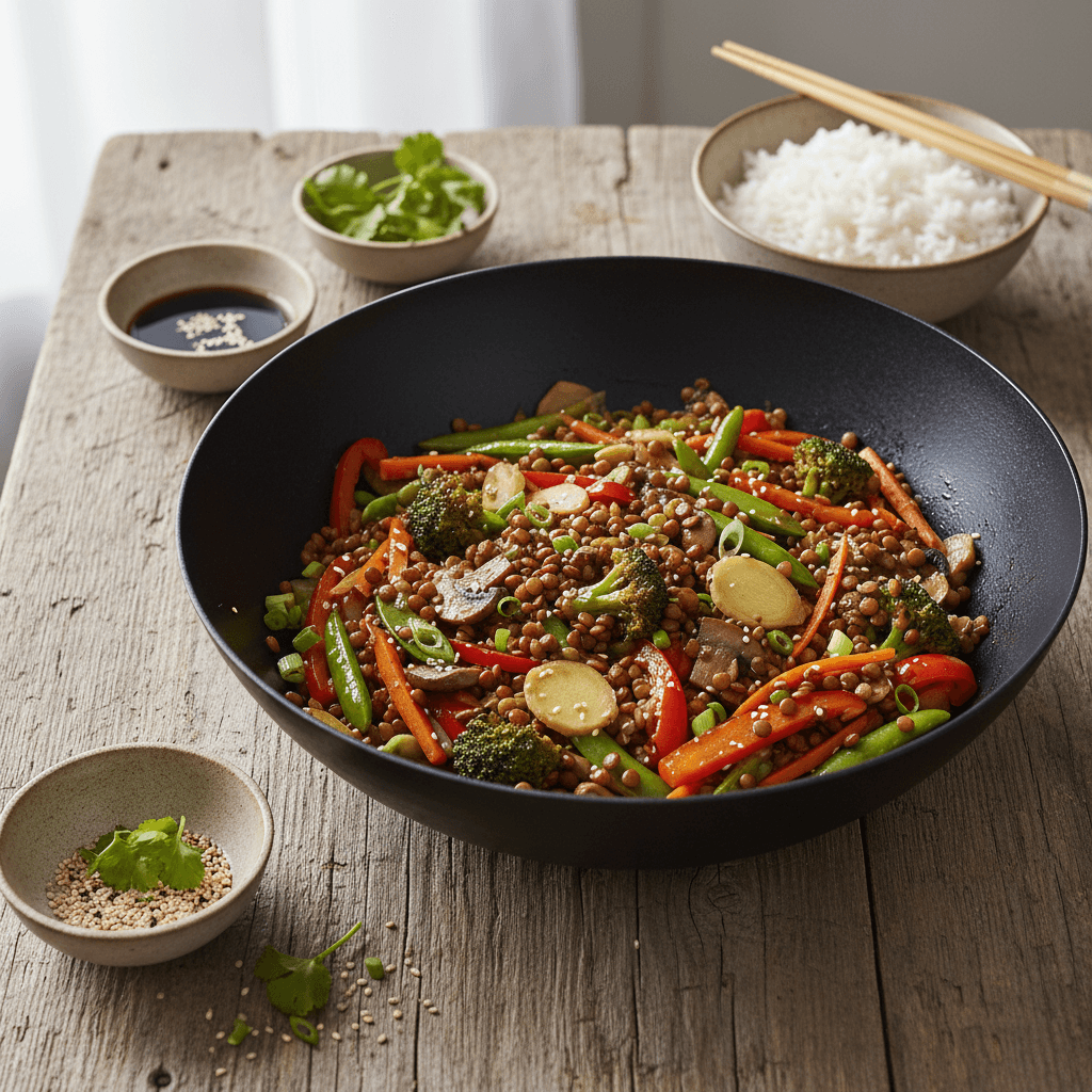 Vegetable and Lentil Wok with Soy-Ginger Sauce