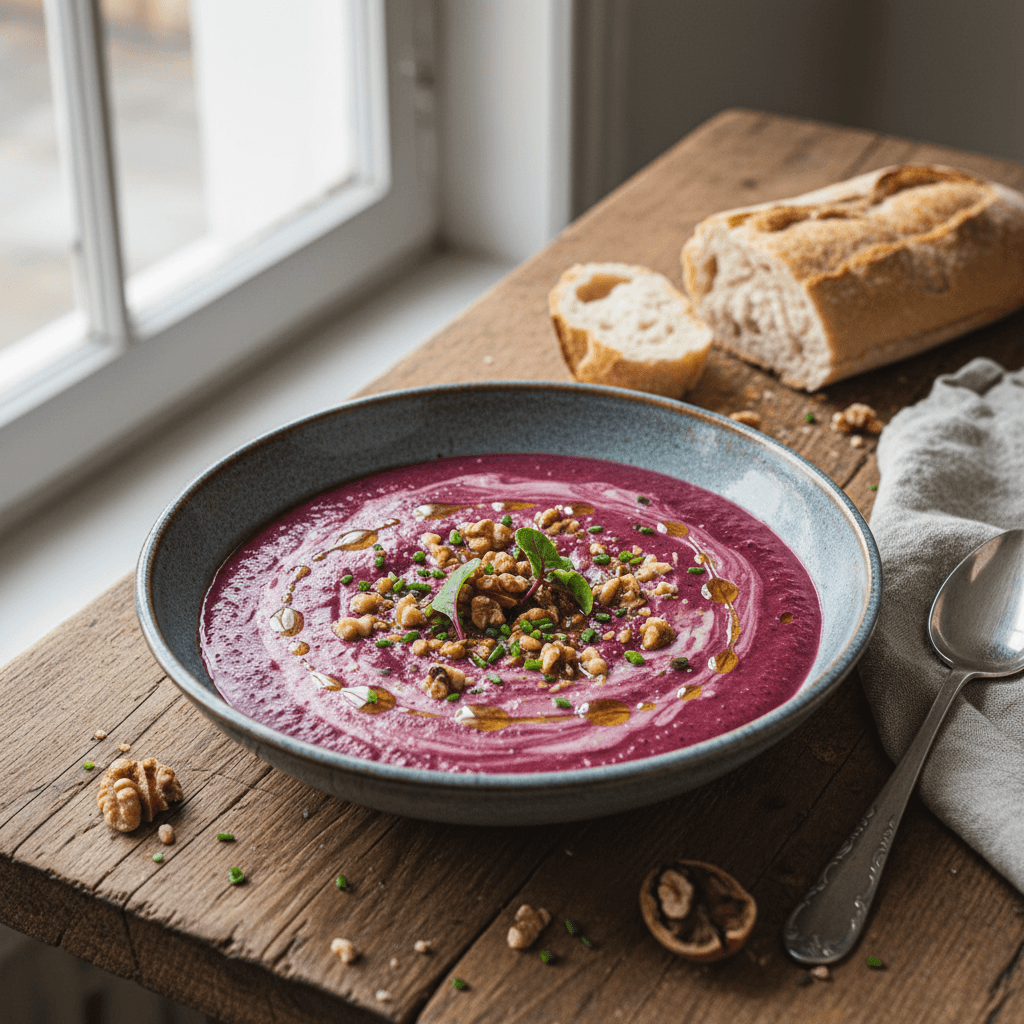 Creamy Cauliflower and Beet Soup with Walnuts