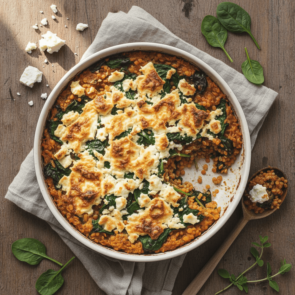 Lentilles corail gratinées aux épinards et feta