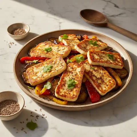 Halloumi rôti aux aubergines et poivrons