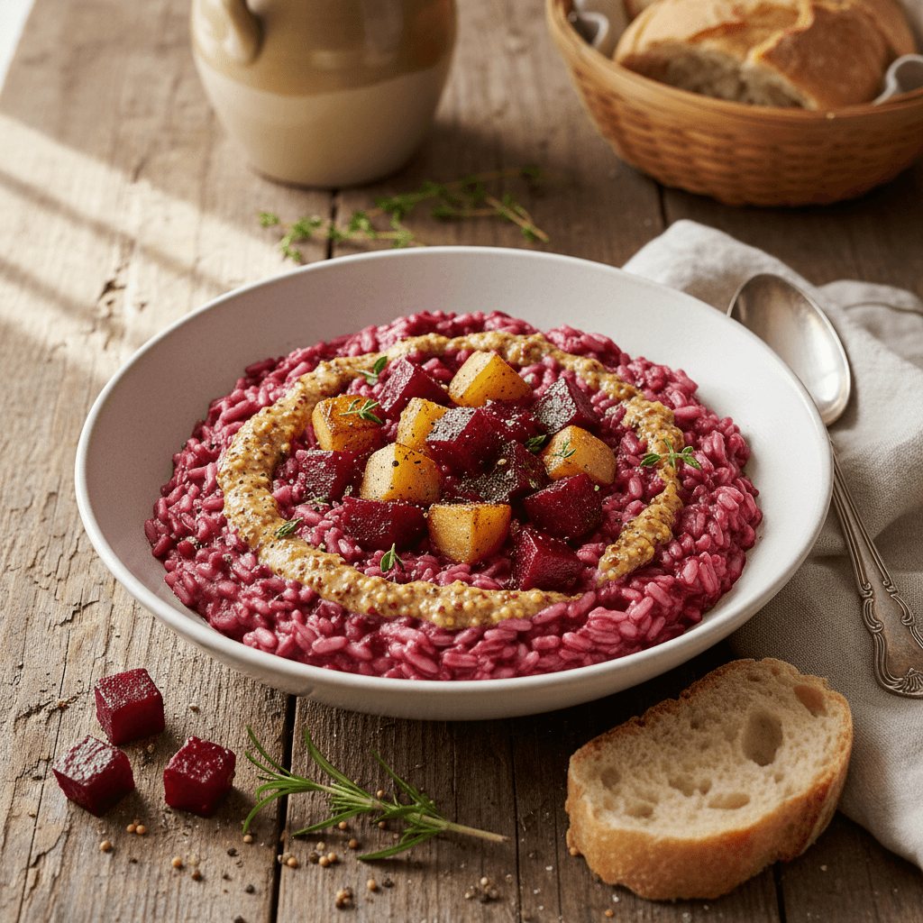 Creamy Risotto with Potatoes, Beets, and Italian Mustard
