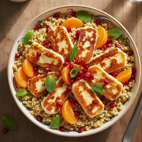 Bowl boulgour & halloumi grillé clémentine grenade menthe