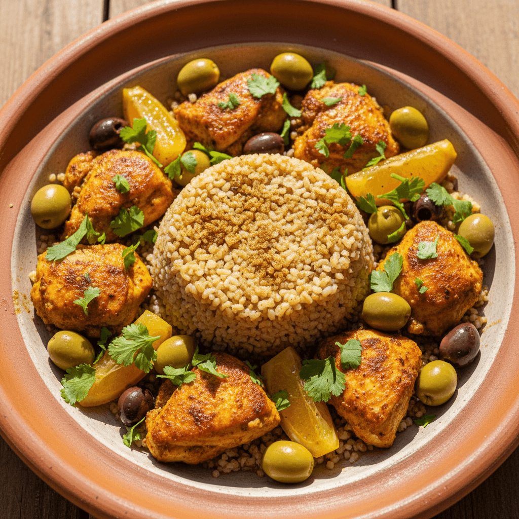 Bowl boulgour & poulet rôti citron confit olives herbes