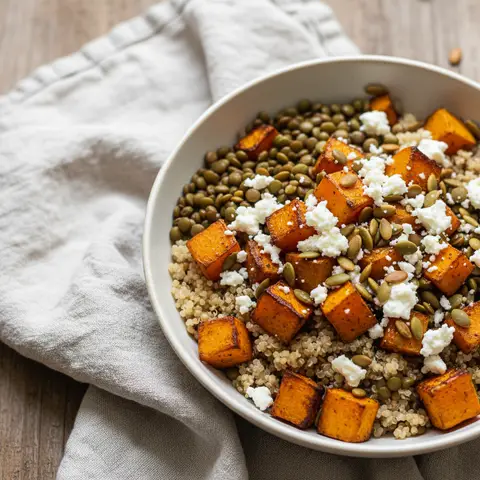 Bowl courge rôtie & lentilles chèvre graines dorées