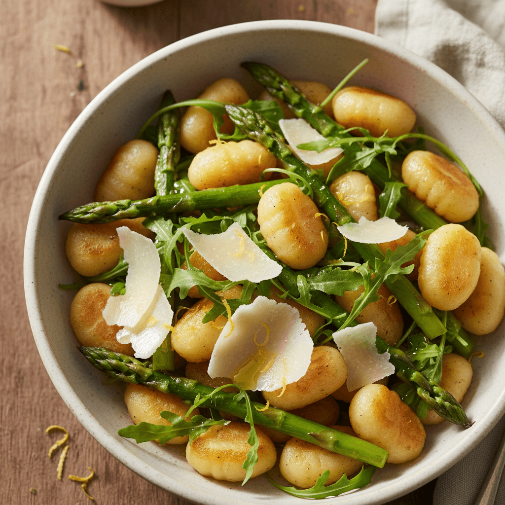 Bowl gnocchi & asperges rôties au citron roquette