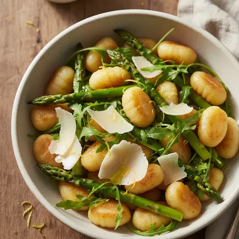 Bowl gnocchi & asperges rôties au citron roquette