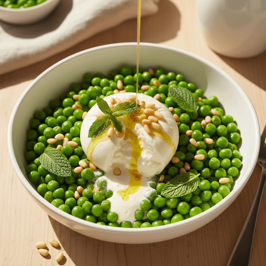 Bowl petit pois & burrata aux pignons