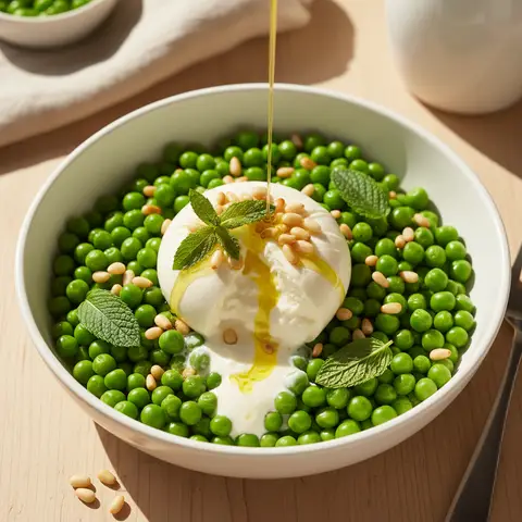 Bowl petit pois & burrata aux pignons