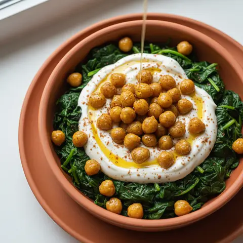 Bowl épinards & pois chiches rôtis yaourt cumin