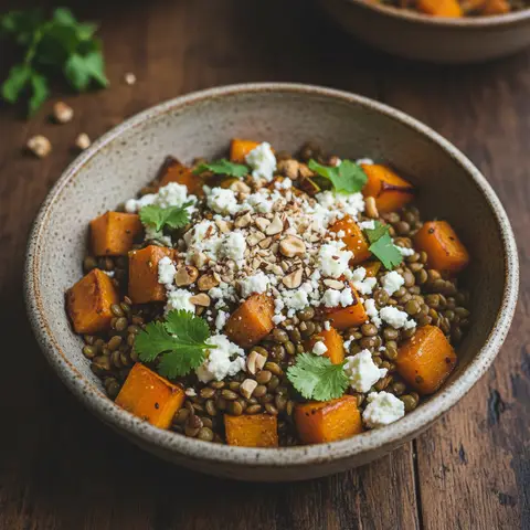 Bowl potimarron & lentilles aux noisettes grillées