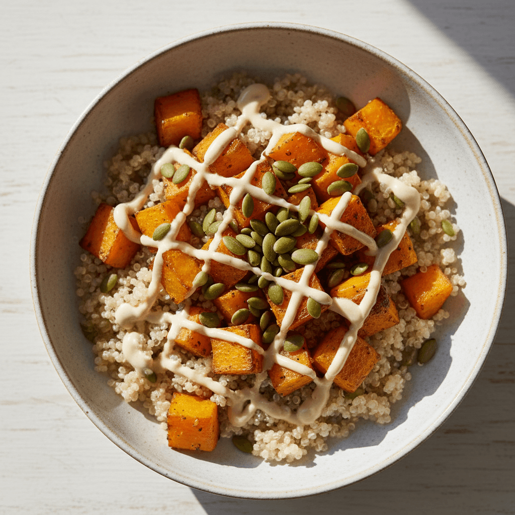 Bowl quinoa & courge rôtie pepitas tahini