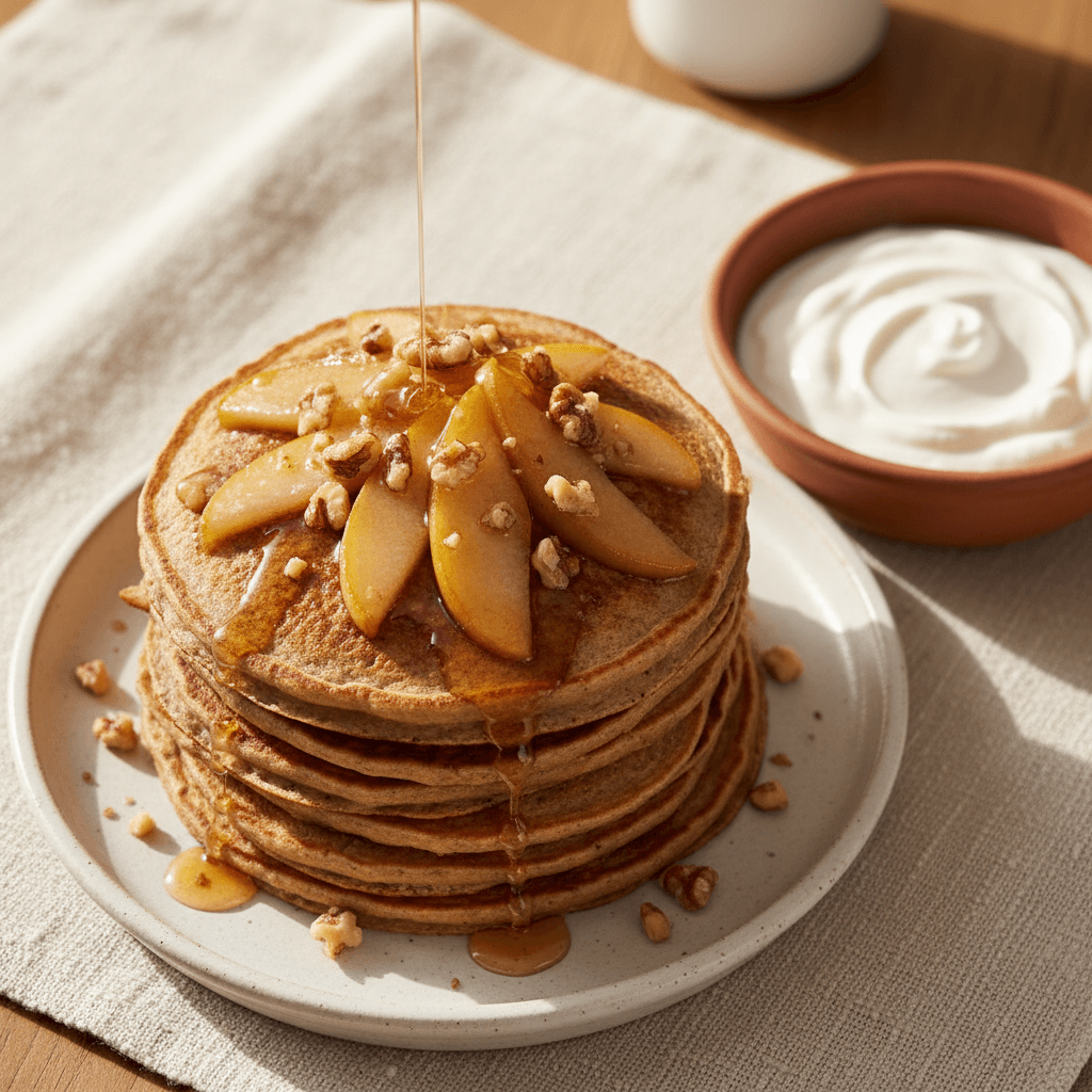 Pancakes sarrasin & poire miel noix yaourt