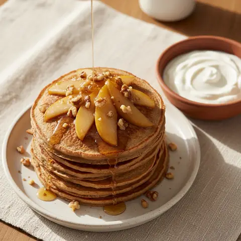 Pancakes sarrasin & poire miel noix yaourt