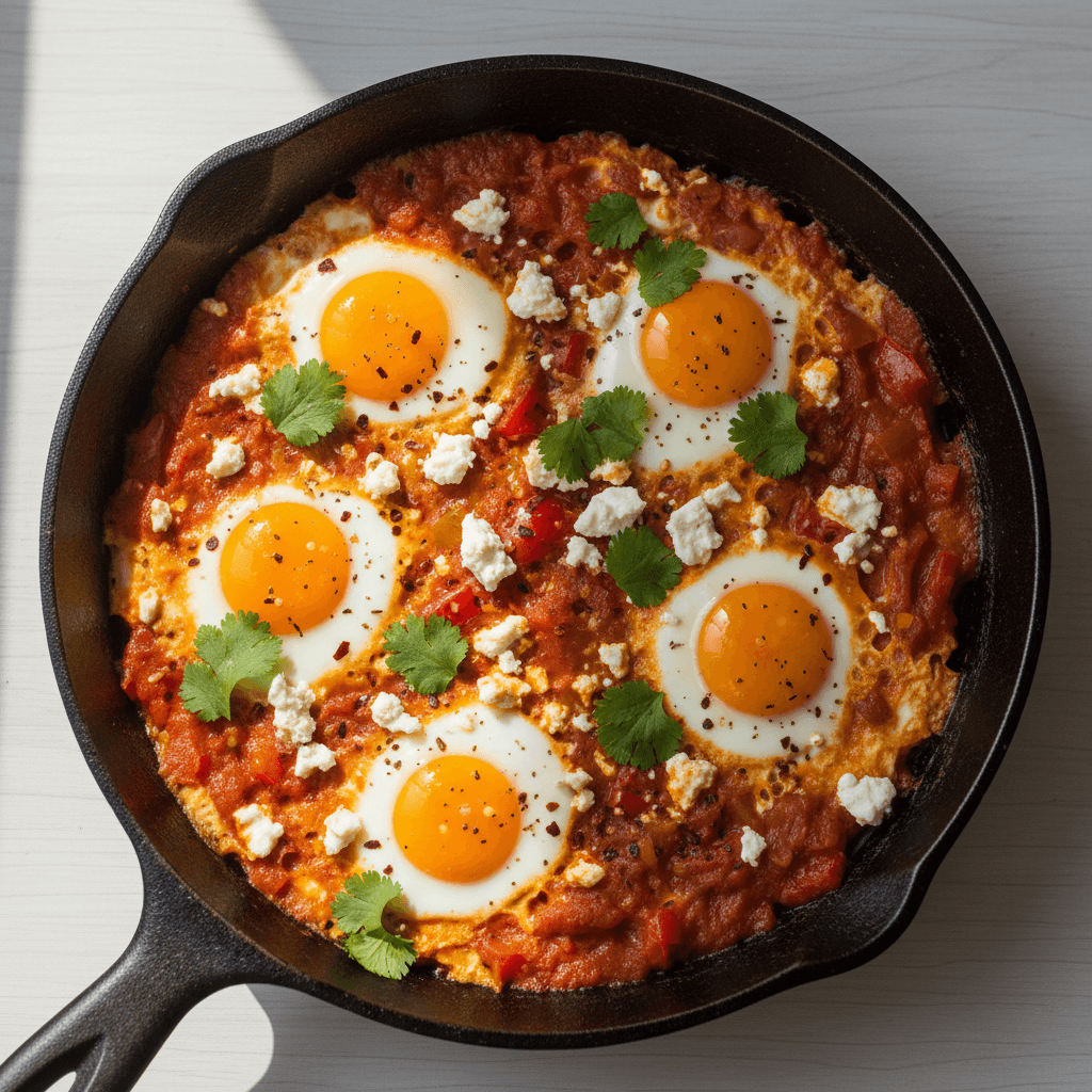 Shakshuka poivron & harissa feta coriandre