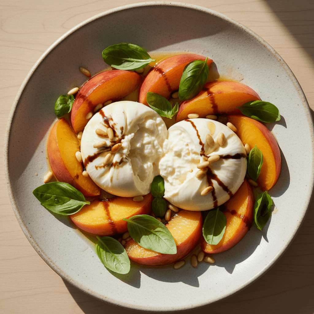 Burrata & pêche au basilic pignons