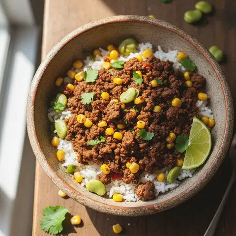 Burrito bowl bœuf épicé & fèves au maïs