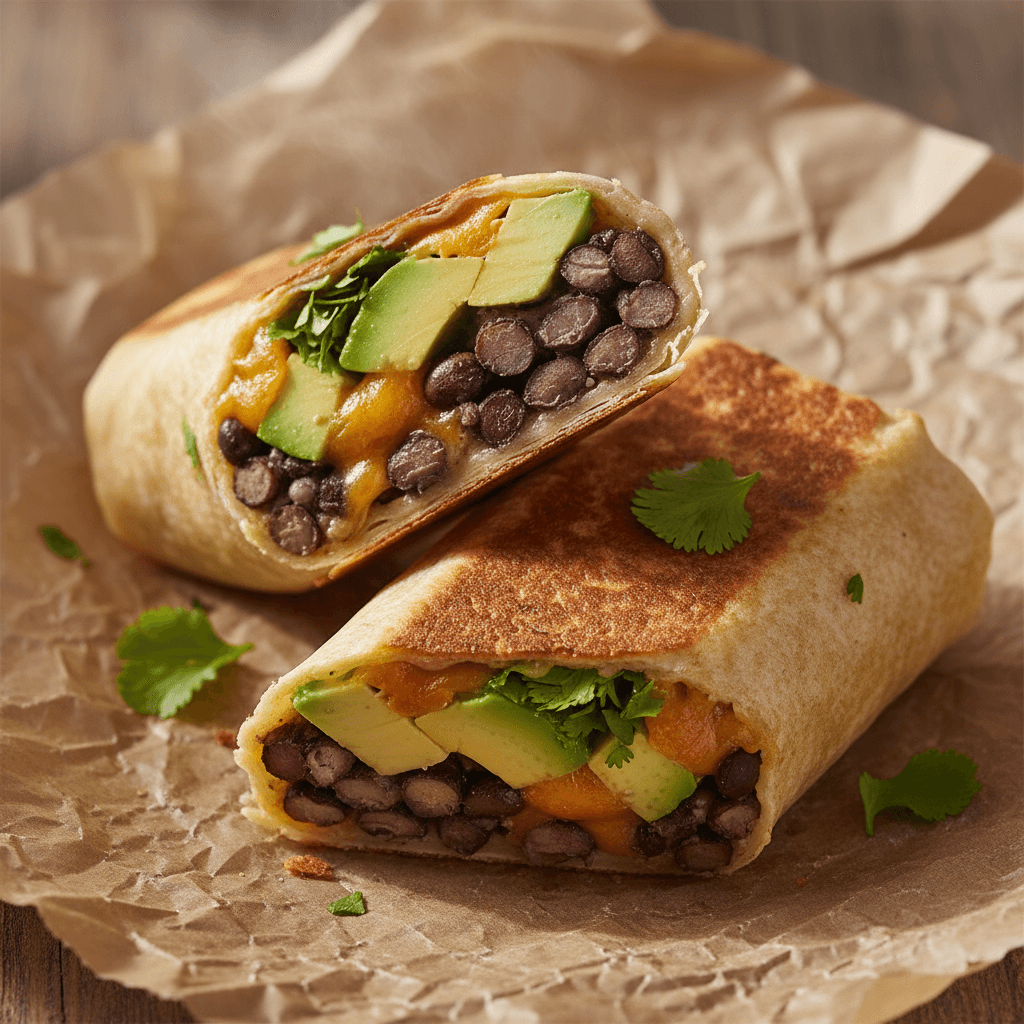Burrito haricots noirs & avocat au cheddar fumé