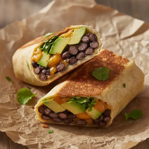 Burrito haricots noirs & avocat au cheddar fumé