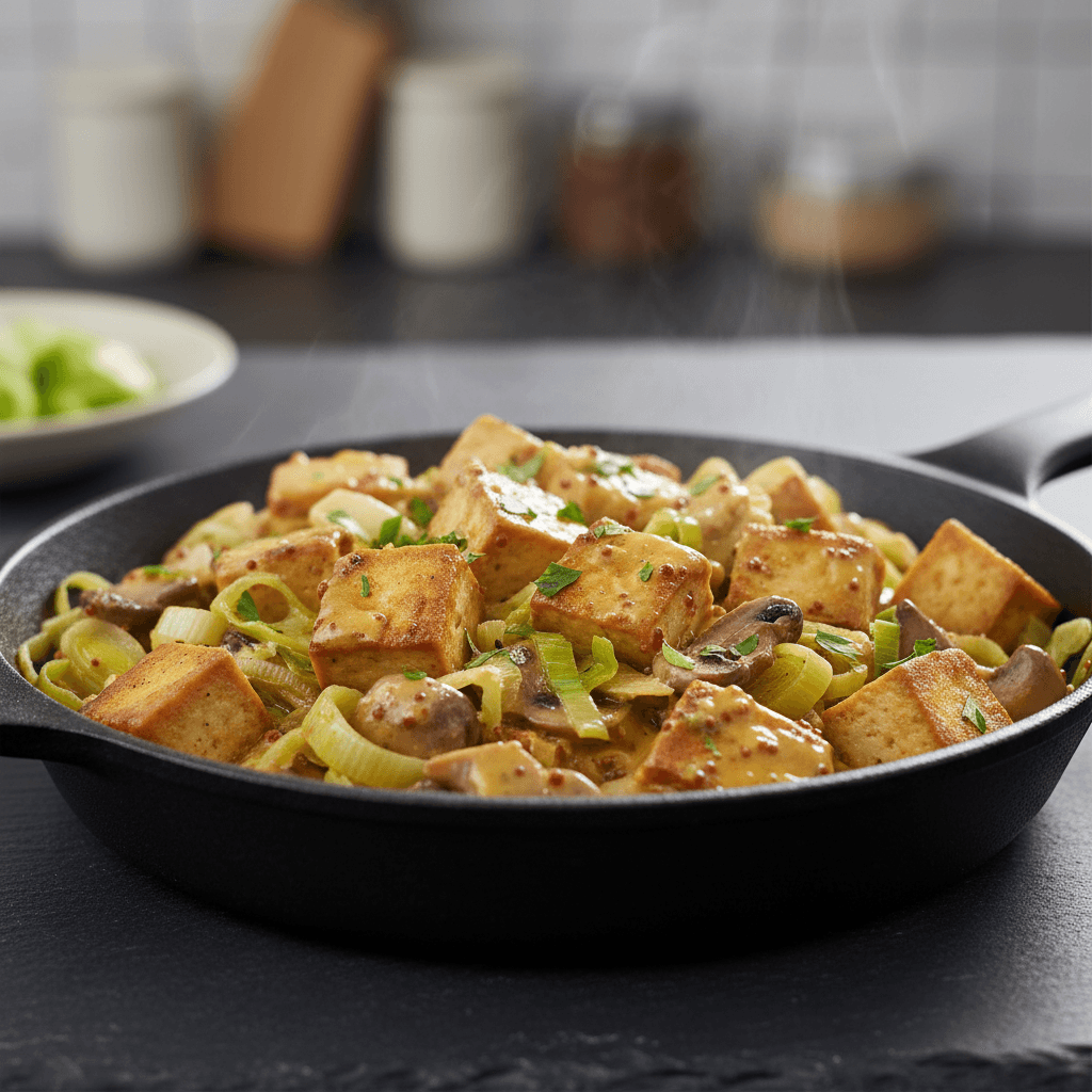 Poêlée de tofu fumé aux poireaux et moutarde