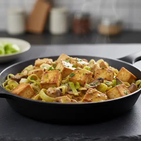 Poêlée de tofu fumé aux poireaux et moutarde