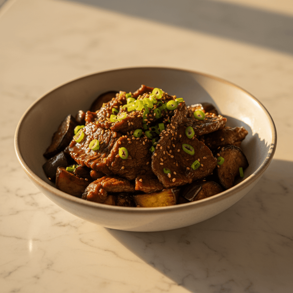 Poelee de boeuf teriyaki aux aubergines et oignons verts