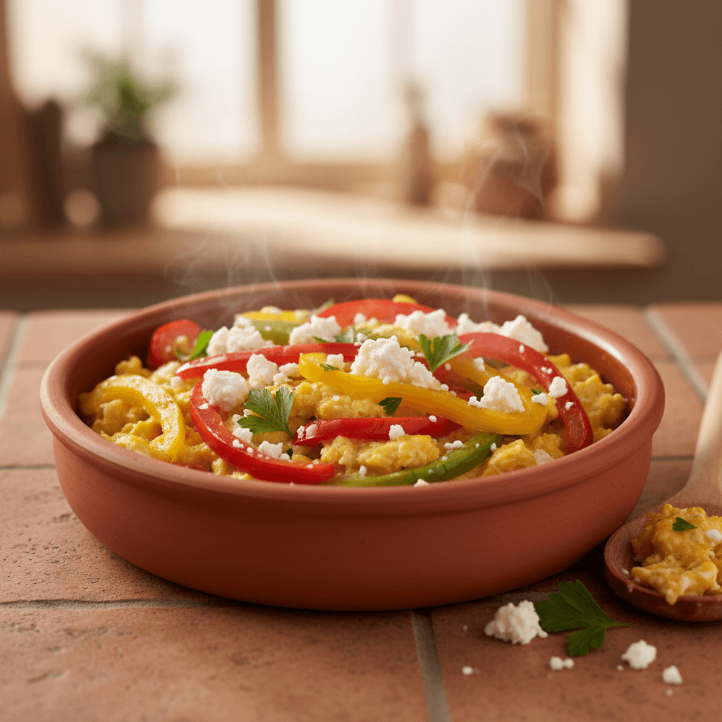 Œufs brouillés au wok avec poivrons et feta