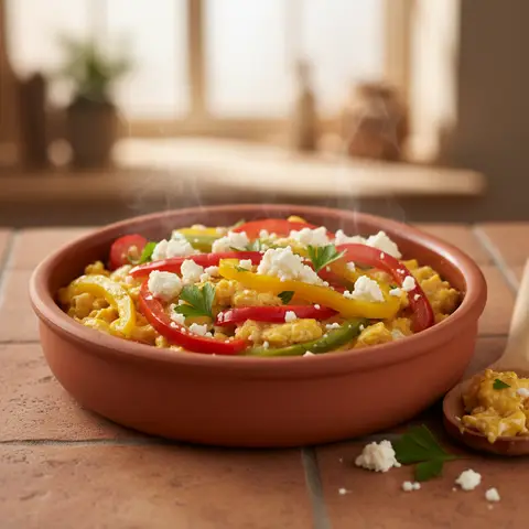 Œufs brouillés au wok avec poivrons et feta