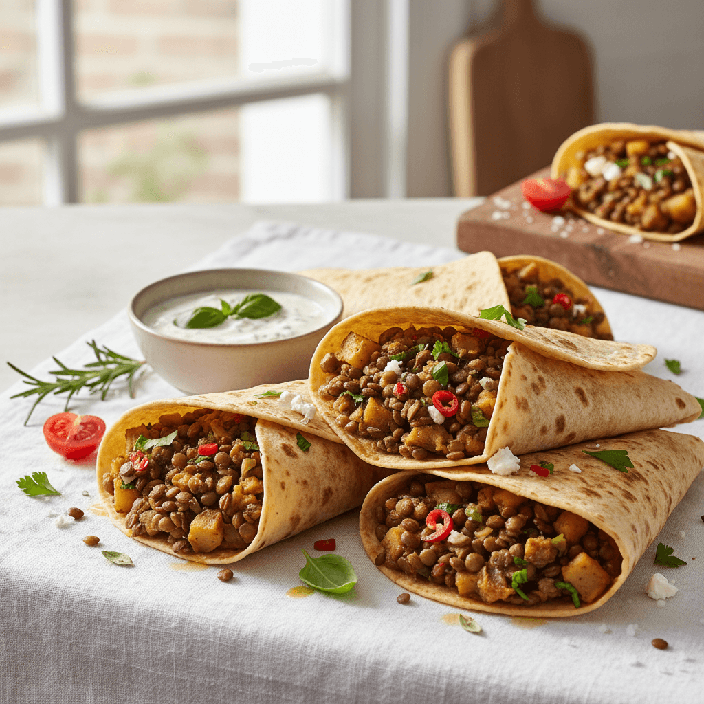 Wraps mit Linsen und Kartoffeln im italienischen Stil