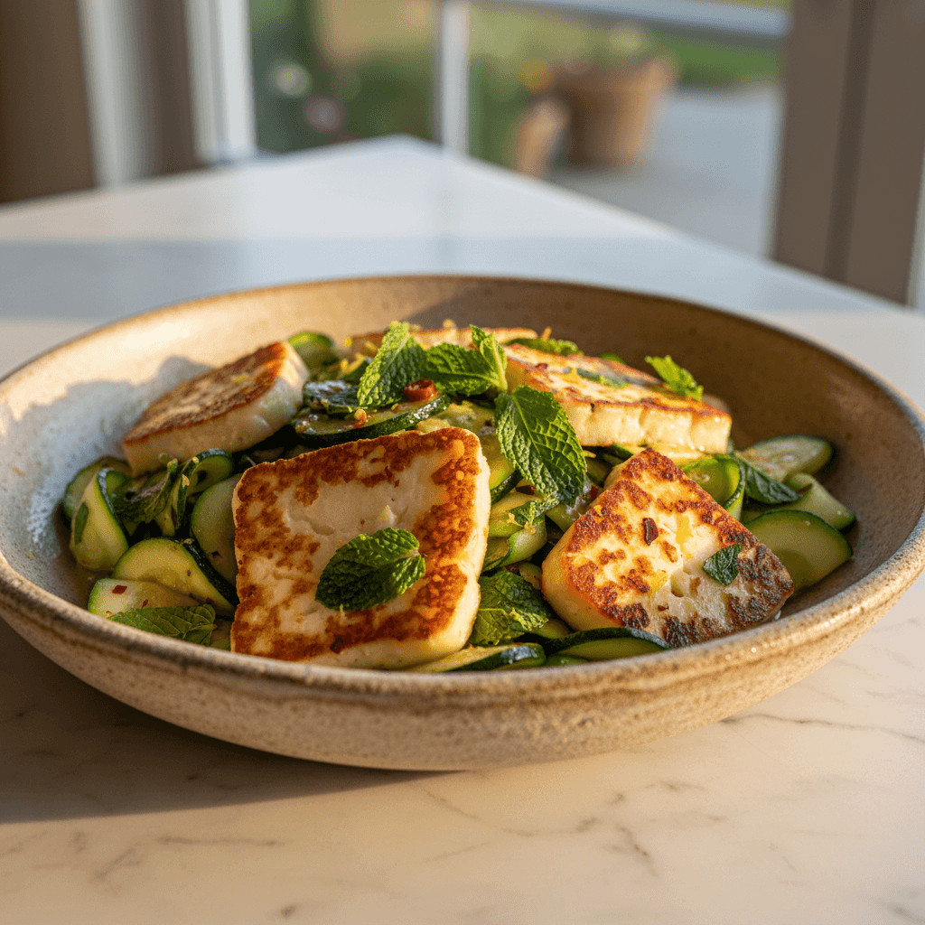Halloumi grillé au wok avec courgettes et menthe