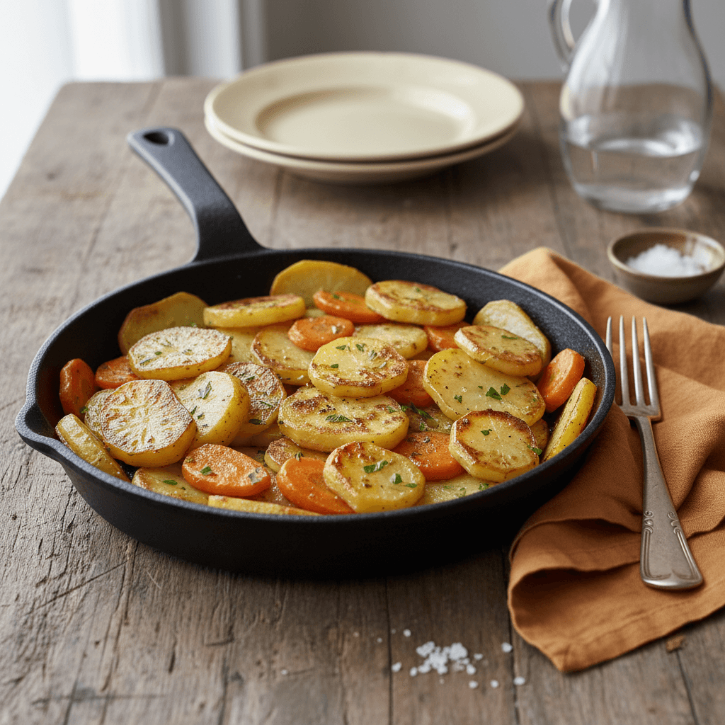 Pan-fried potatoes and carrots